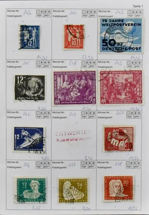 NRD, 1949-1953, kasowana kolekcja tylko pierwszych lat, jedynie Bl. 7 czysty, w tym nr 242-46, 248-50, 256-70, 273-79, 282-321, różne wartości Głowy II...