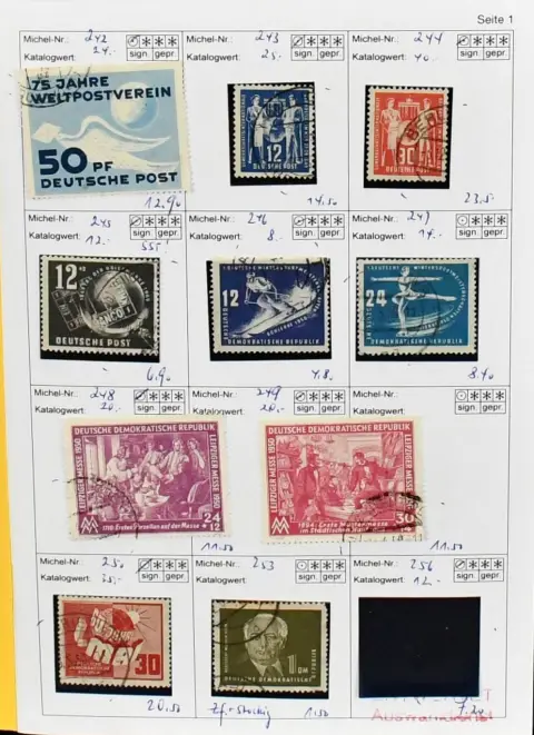 NRD, 1949-1957, część kolekcji początkowo przeważnie kas. w tym nr 242-50, 261-70, 273-321 kompletne, wszystkie cztery bloki Marx kas., później także wyd. łączone FJP itd.