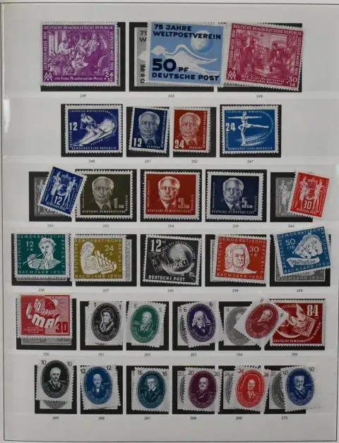 NRD, 1949-1965, kompletna czysta lub częściowo tylko niekasowana kolekcja w albumie przedrukowym Lindner-SF, w tym wszystkie kluczowe wartości, wszystkie bloki, serie obiegowe z...