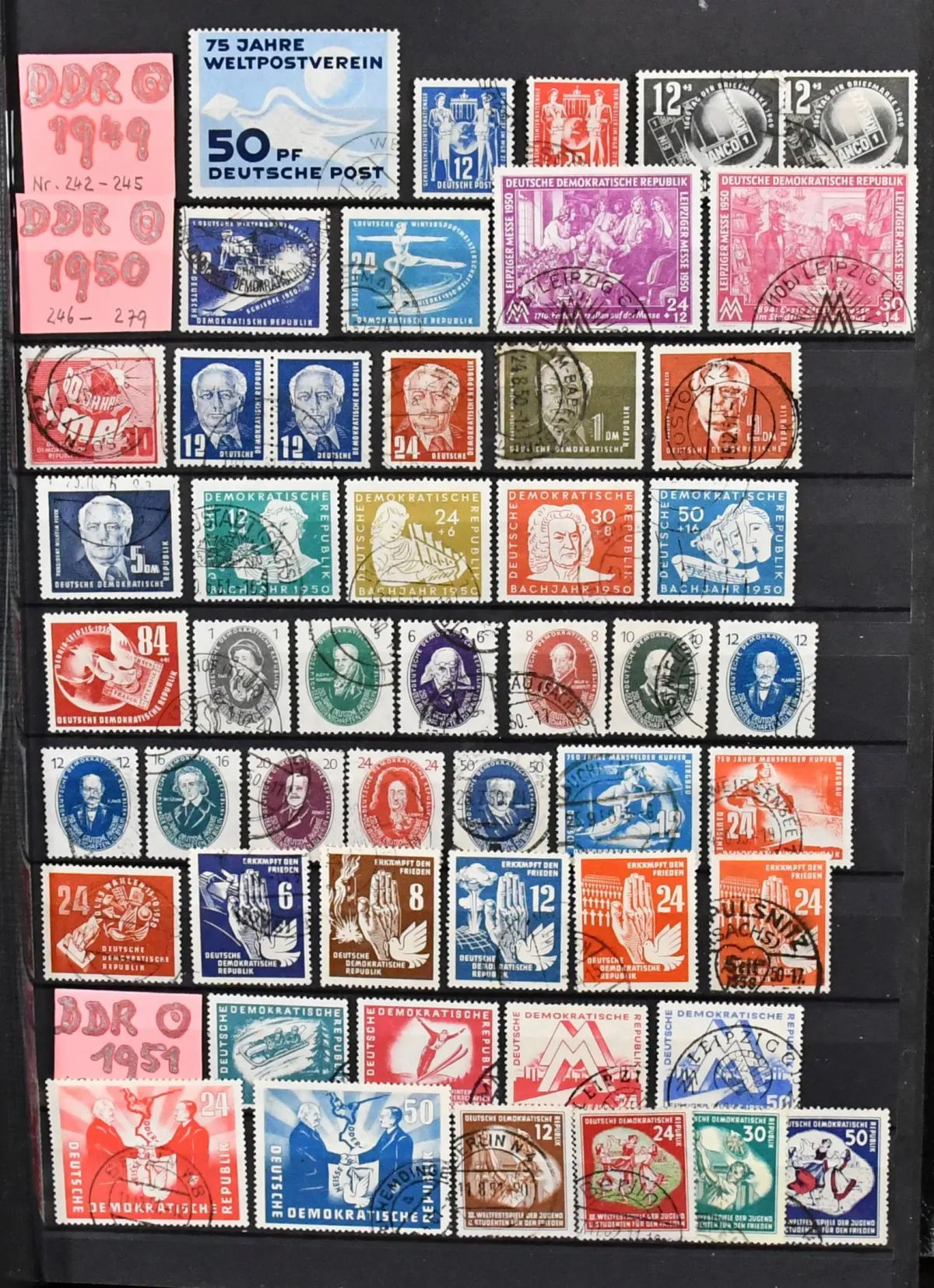GDR, 1949-1967, used coll. in album, including many good early values such as Pieck, Bach, Akademie, German-Chinese friendship on special sheet, Bl. 19 etc.,…