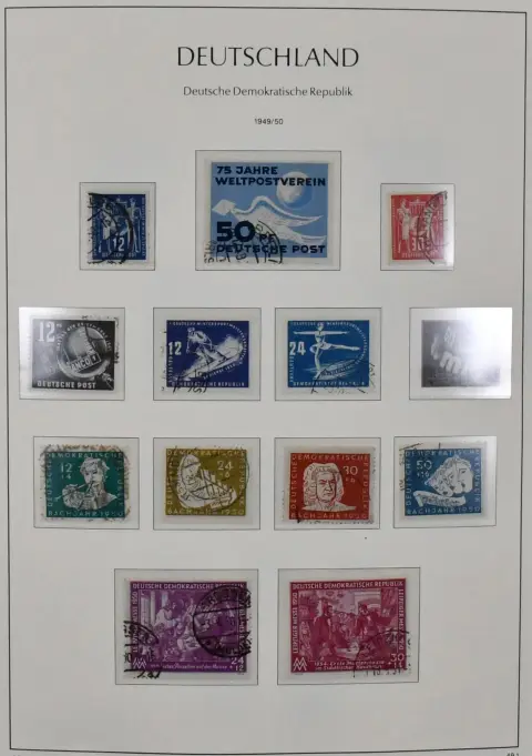 NRD, 1949/1990, kolekcja kasowana od nr 242/49, m.in. nr 286/88, Bl. 12 z dobrym PF X (Mi. 450,-), Bl. 13 itd., z lat 1960-1990, oprócz kilku wydań, już kompletna, w trzech nowych albumach Leuchtturm. Mi. 3200,- + albumy
