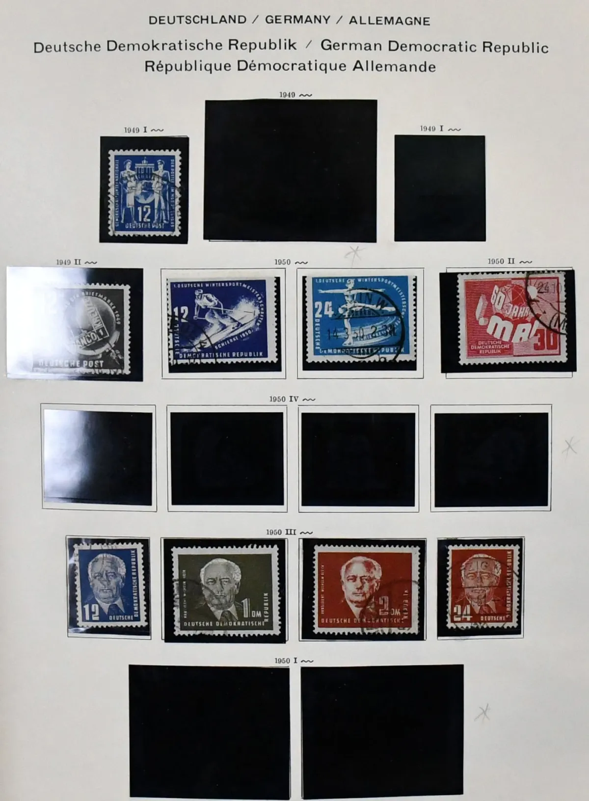 GDR, 1949-69, used coll. in pre-printed album with many early issues, e.g. no. 261/70, 286/88 and Debria block, from 1954 largely complete, incl. blocks, sheets, etc. Mi. over 2200,-