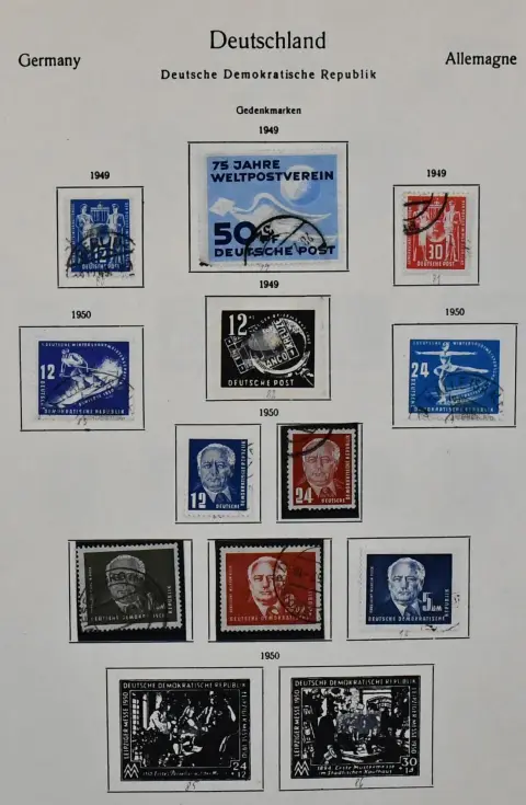 ГДР, 1949-69, гашеная коллекция в альбоме с формулярами, много начальных номеров с № 242, а также Академия, блок 7 и № 286/88, с 1955 почти полная, с блоками, малыми листами и т.д. Mi. ок. 2200,-