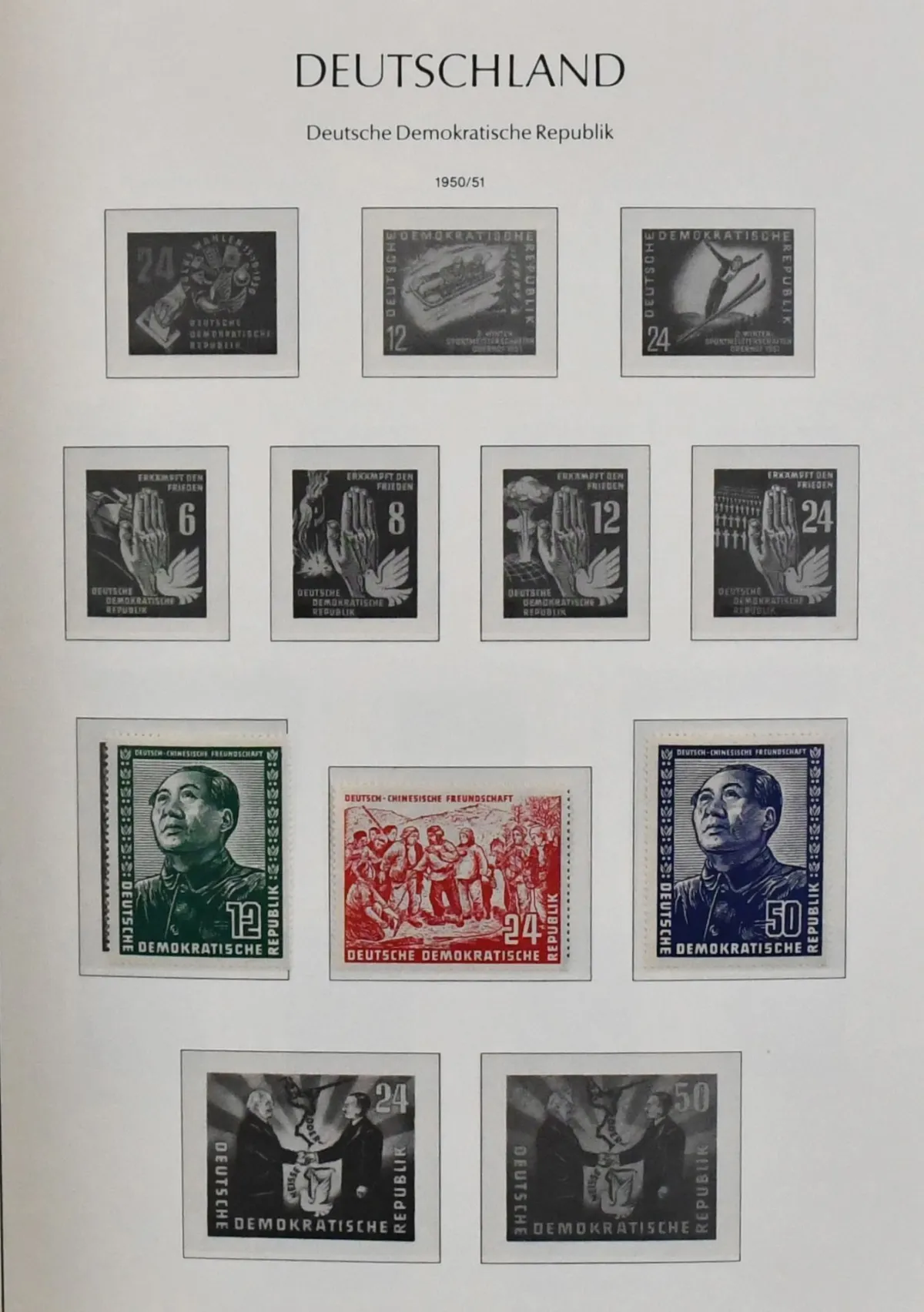 GDR, 1960/1990, mint, overcomplete collection with, besides the normal issues, a large number of se-tenant combinations, including all se-tenant ex no. 2364/68, se-tenant sheets incl. no. 2364/68, 2464/71, 2983/86 etc., in three thick Leuchtturm pre-printed albums. Plus propaganda forgery no. 10. Mi. 3400,- plus some older, as well as some adhering values not calculated