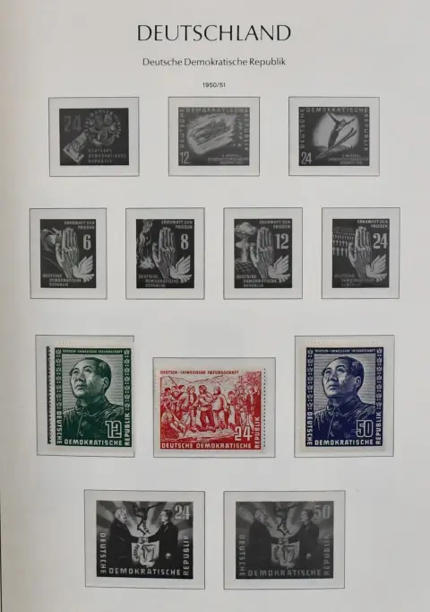 GDR, 1960/1990, mint, overcomplete collection with, besides the normal issues, a large number of se-tenant combinations, including all se-tenant ex no. 2364/68, se-tenant sheets incl. no. 2364/68, 2464/71, 2983/86 etc., in three thick Leuchtturm pre-printed albums. Plus propaganda forgery no. 10. Mi. 3400,- plus some older, as well as some adhering values not calculated