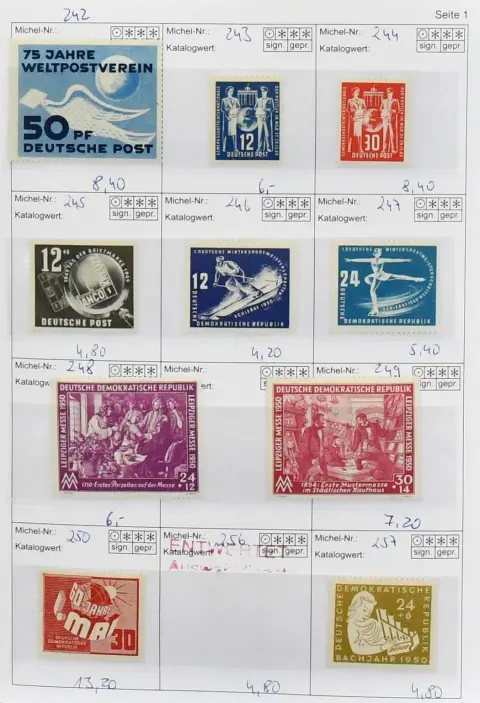 GDR, interesting material stock, including mint collection from 1949-65, partly duplicated, incl. no. 242-50, 261-70, 274-85, 293-310, Köpfe II with 25 Pfg., Großblock 19 in both conditions, two complete cancelled se-tenant sheets no. 795-98 etc.