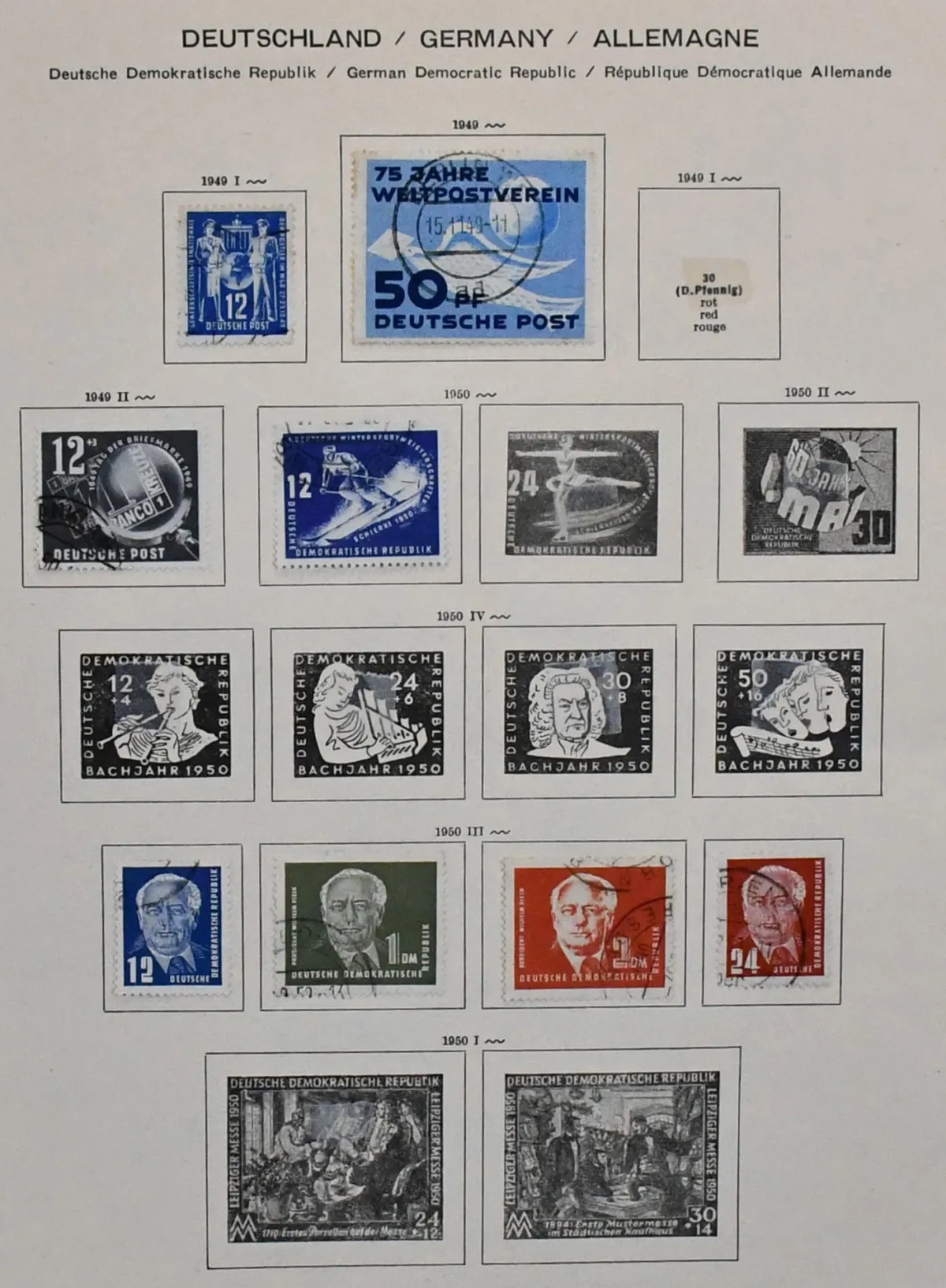 RDA, 1949-69, collection oblitérée dans album préimprimé avec nombreuses valeurs de début à partir du n° 242, avec n° 261-70 etc., à partir de 1955 largement complète, avec blocs, petits feuillets etc. Mi. plus de 2000,-