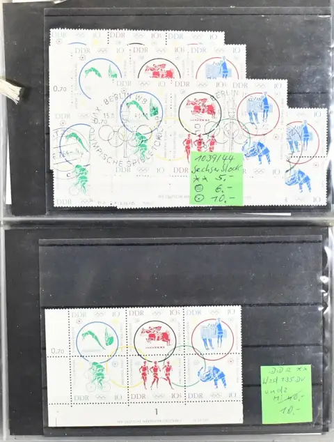 DDR, samendrukken, partij alleen betere incl. alle samendrukken ex nr. 1012/13 postfris (Mi. 200,-), zeven blokken van zes nr. 1039/44, waarvan drie met drukvermeldingen, enz. Mi. 1600,-