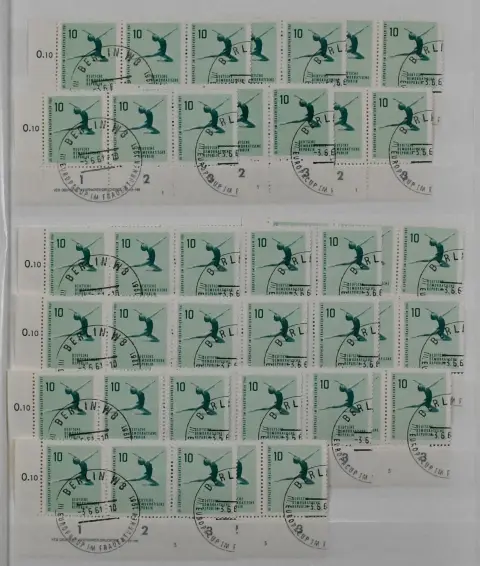 GDR, no. 830/32 24 times cancelled complete as horizontal sheet corner strips of three, all with complete printing notes, Mi. 1560,-