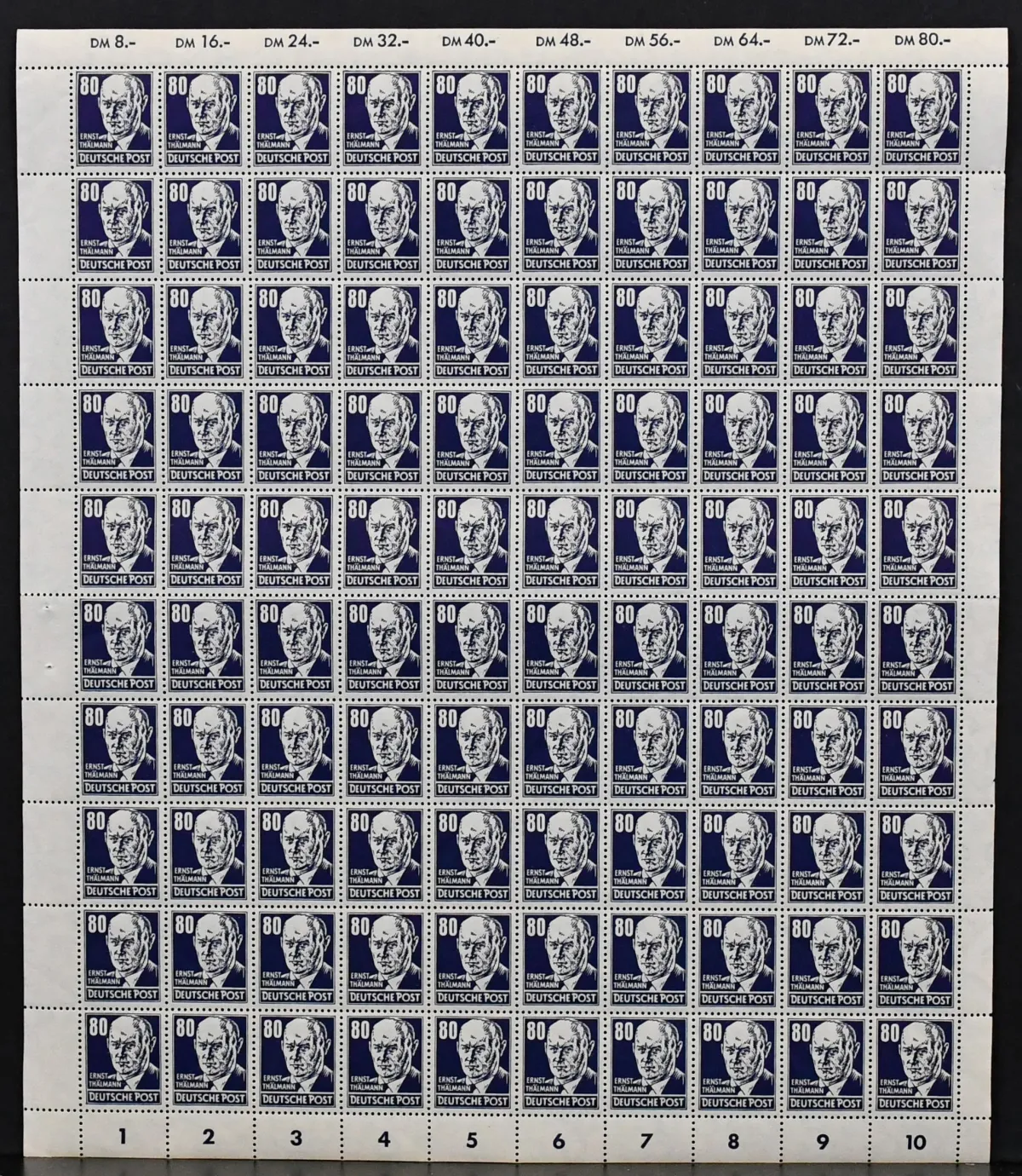DDR, Köpfe II, Nr. 339 im kpl. postfrischen, einmal mittig gefalteten Bogen. Mi. billigst, ohne evtl. Plattenfehler, bereits 800,-