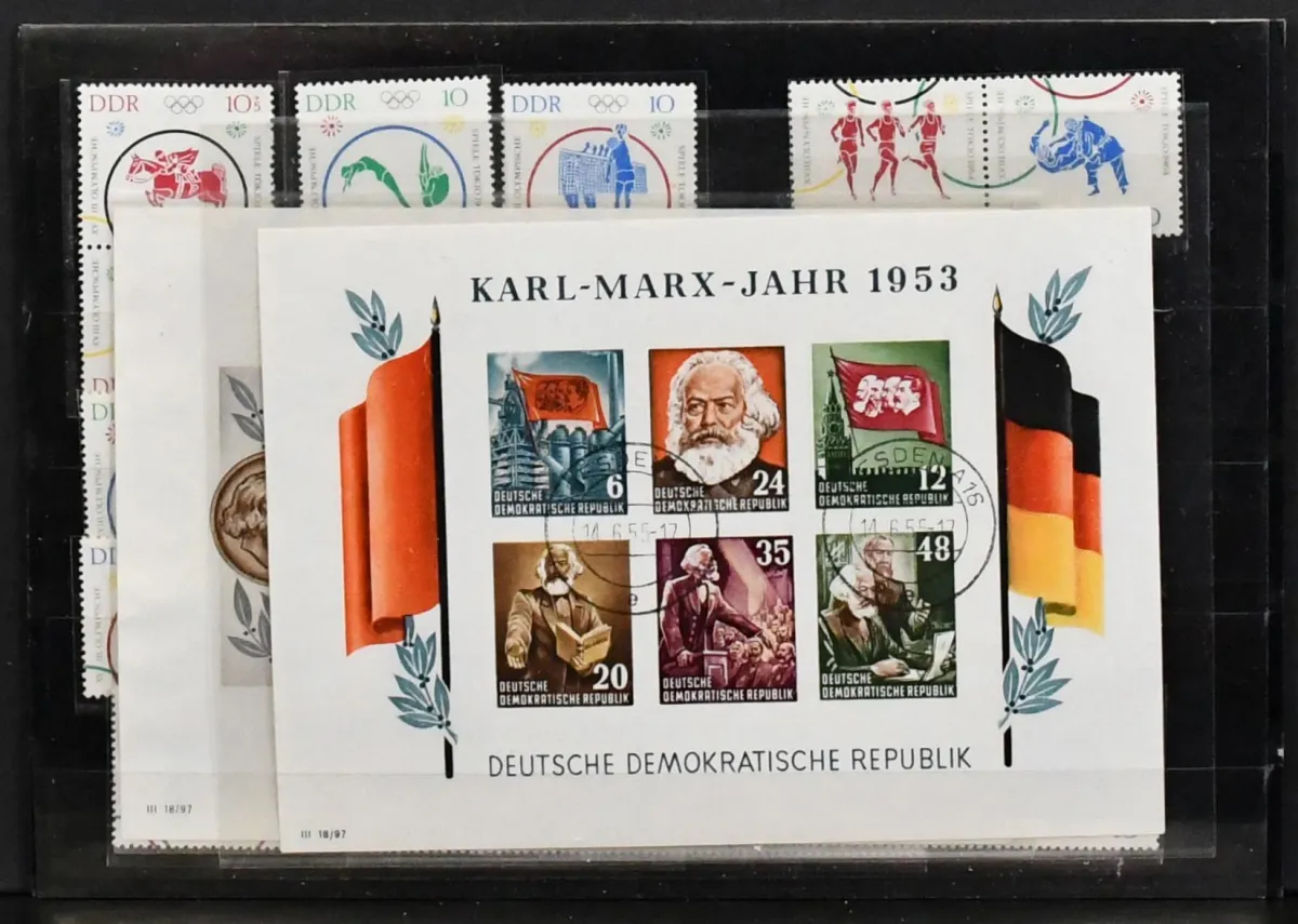 RDA, ensemble incl. Bl. 8/9B avec cachets de localité (Mi. 440,-), ainsi que 15 différents timbres juxtaposés neufs ex n° 1039/44 (Mi. 210,-)