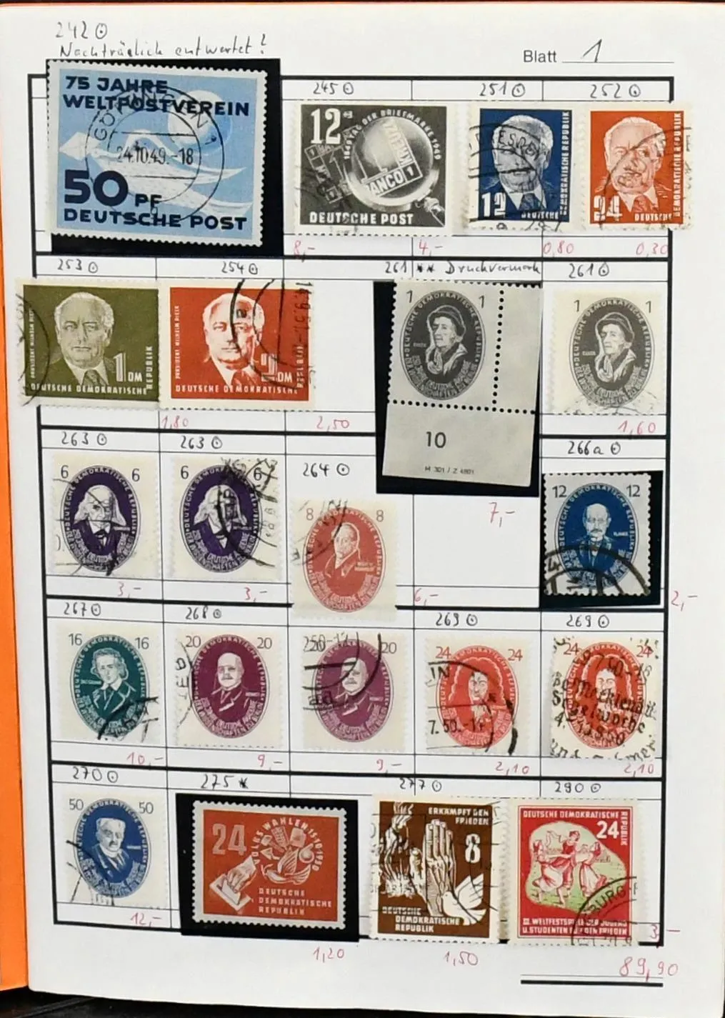 GDR, old sheet lot from used no. 242, with no. 261DV, many medium values, se-tenant incl. no. 1039-44DV etc.