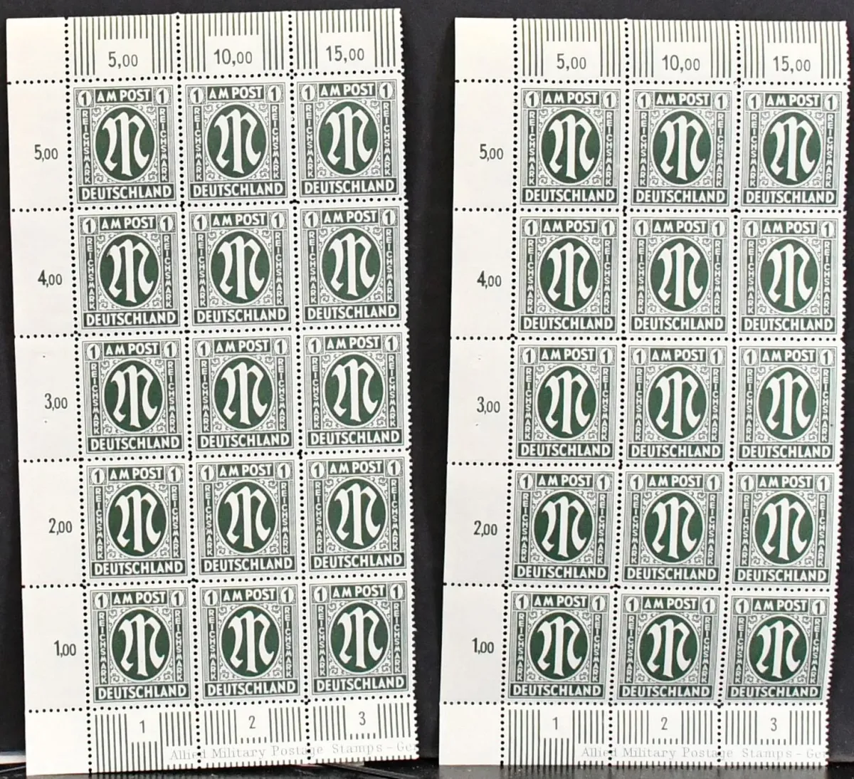 AM-Post, No. 35, lot of 510 mint never hinged values, all in 15-piece sheet parts, Mi. 4080,-, treasure trove for plate flaws!