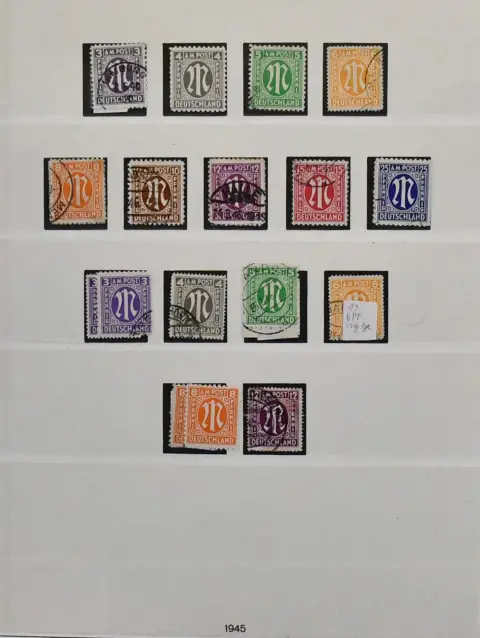 Bizone, 1945/49, kasowane, od nr 1-110 (bez Bl. 1) kompletne w głównych numerach, kolekcja na formularzach Lindner. W tym nr 1/35, 36/51I/II, 52 wartości, tylko bez nr IV/II, kompletne, wszystkie nieekspertyzowane, niektóre wartości również wątpliwe, nr 101/10 itd. Proszę obejrzeć