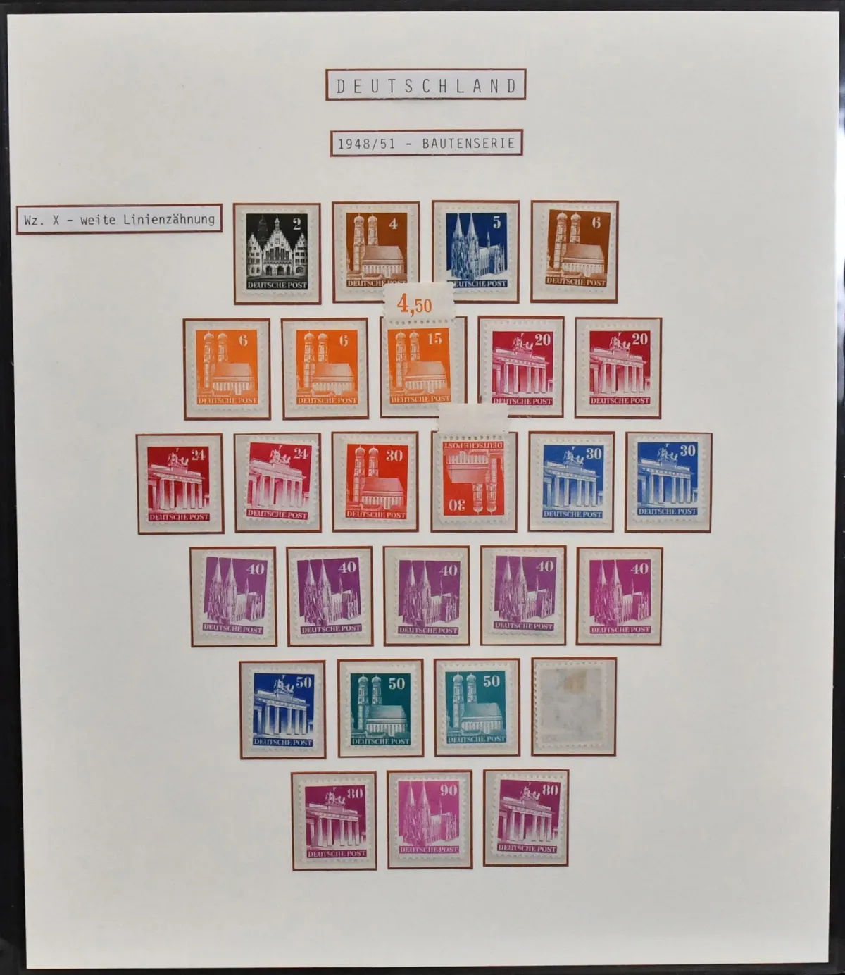 Bizone, Buildings series, wide perforation, mostly mint specialized collection by line and comb perforation, including 60 Pfg. five times mint, mark values "Lange Treppe" mostly mint etc.