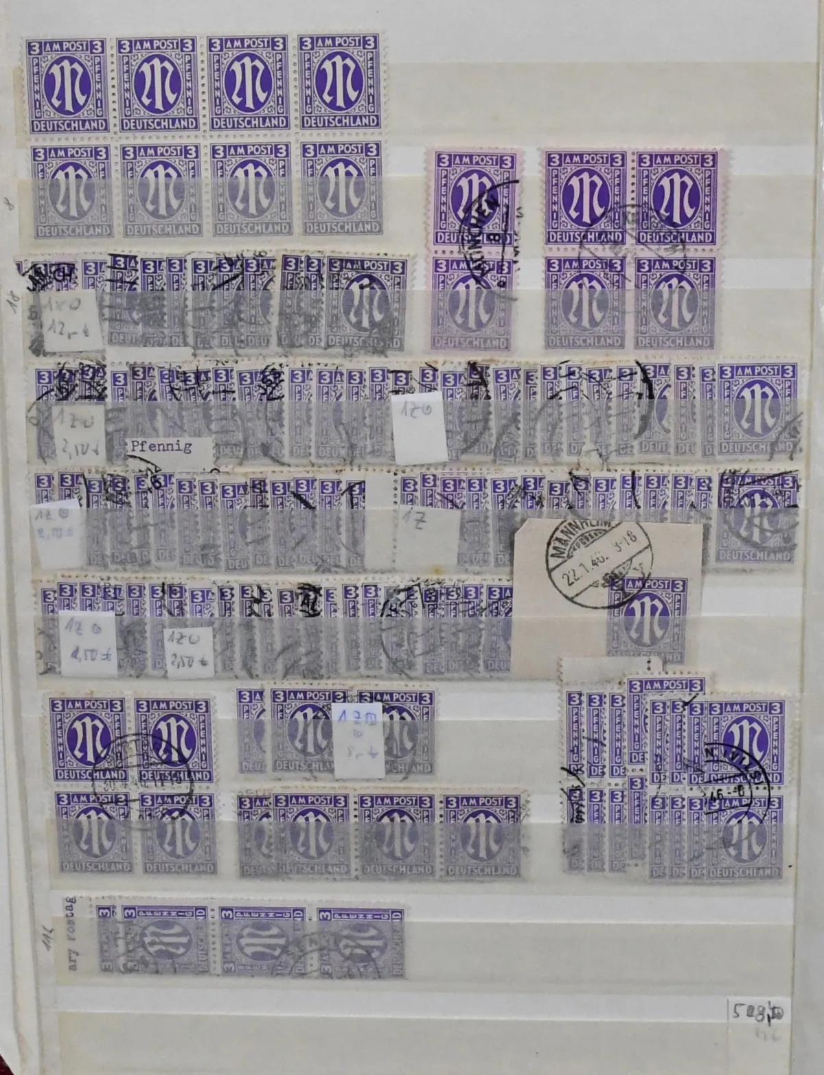 Bizone, AM-Post, stockbook with well over 5000 stamps of values 3 to 25 Pfg., including many units and marginal pieces, surely a treasure trove for specialists