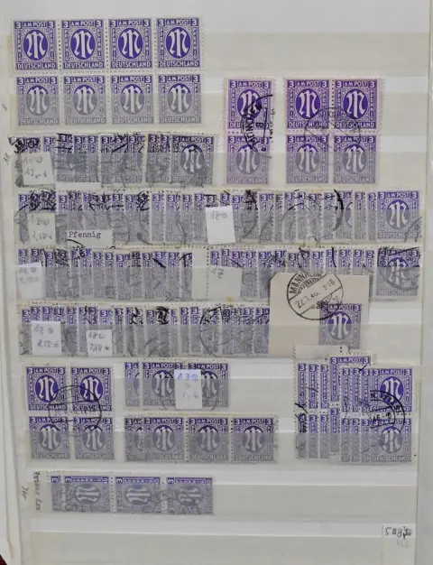 Bizone, AM-Post, klaser z dobrze ponad 5000 znaczków o wartościach od 3 do 25 Pfg., w tym wiele jednostek i marginesów, z pewnością kopalnia dla specjalistów