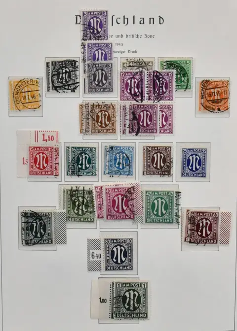 Bizone, 1945/49, prawie kompletna kolekcja od nr 1/35, z nr 36/51I/II, Bauten nadkompletna, Bl. 1 postfr. (Mi. 140,-) itd., na kartach Leuchtturm. Michel prawie…
