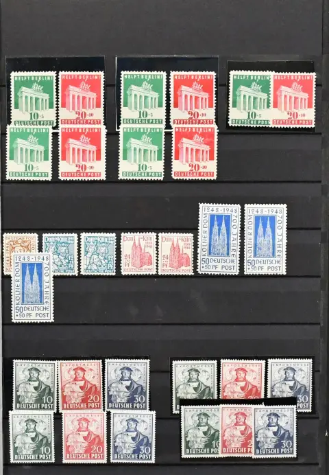 Bizone, 1948/49, unused assembly of special stamps, with five times no. 101/105 (Mi. 160,-), three times Bl. 1, once in "c"-suspicious colour (Mi. cheapest 420,-, please inspect), three times no. 105/106, eight times 108/10 (Mi. 336,-) etc.