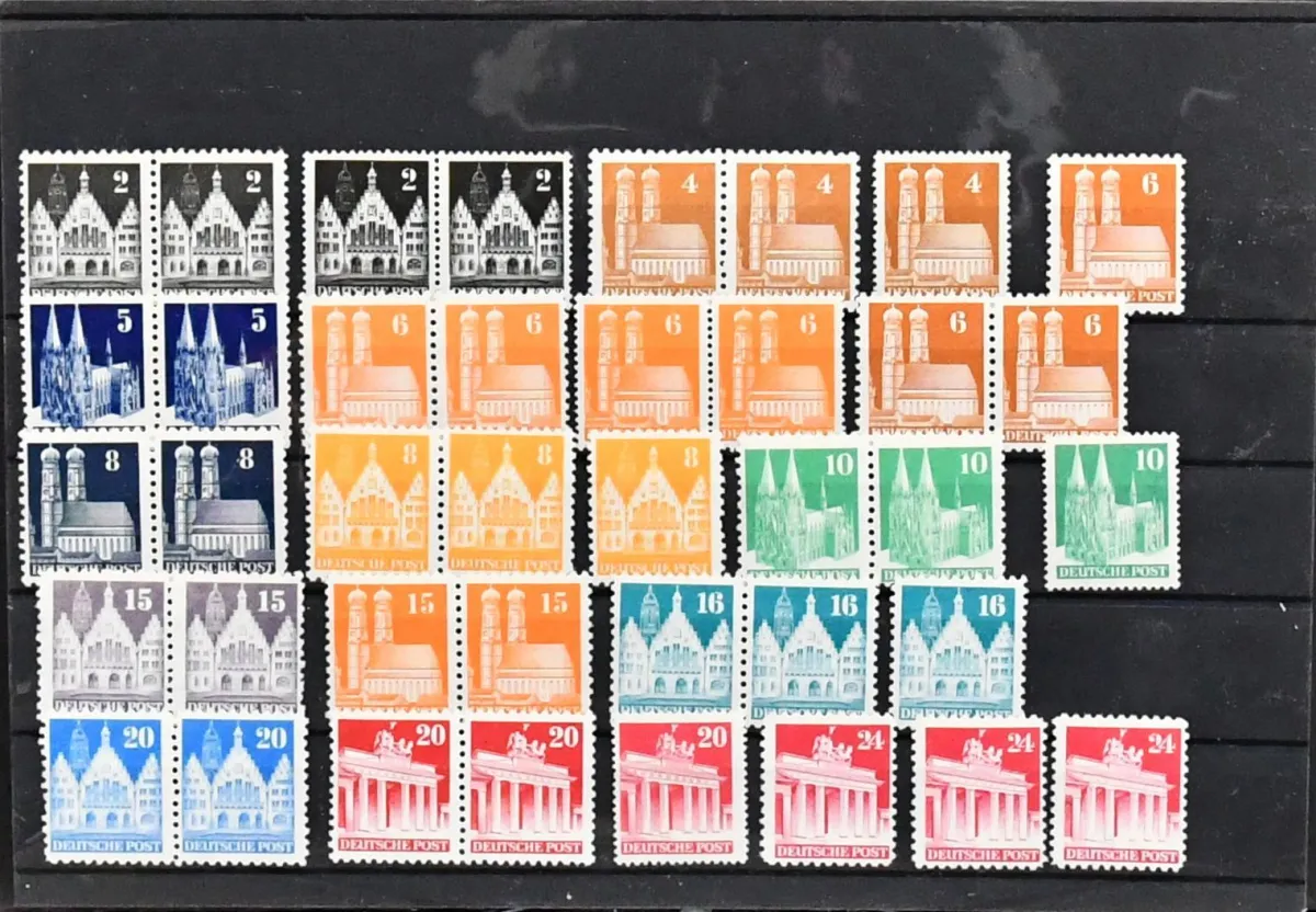 Bizone, 1948/49, mint collection with no. 69/72 in sevens, Buildings with among others no. 93wg (Mi. 100,-), 94eg in horizontal pair (240,-, small hinge mark, no fold)