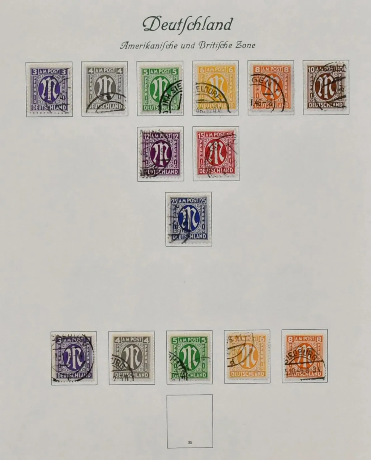 Bizone, 1945/49, overwegend gestempelde verzameling vanaf AM-Post, met nr. 36/51I/II incl. nr. 49I, Gebouwen, nr. 101/10, Bl. 1 op gedenkblad (Mi. voor FDC 500,-) enz., op Borek voorbedrukte bladen