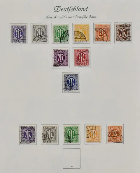 Bizone, 1945/49, predominantly used collection from AM-Post, with no. 36/51I/II incl. no. 49I, Buildings, no. 101/10, Bl. 1 on commemorative sheet (Mi. for FDC 500,-) etc., on Borek preprinted pages