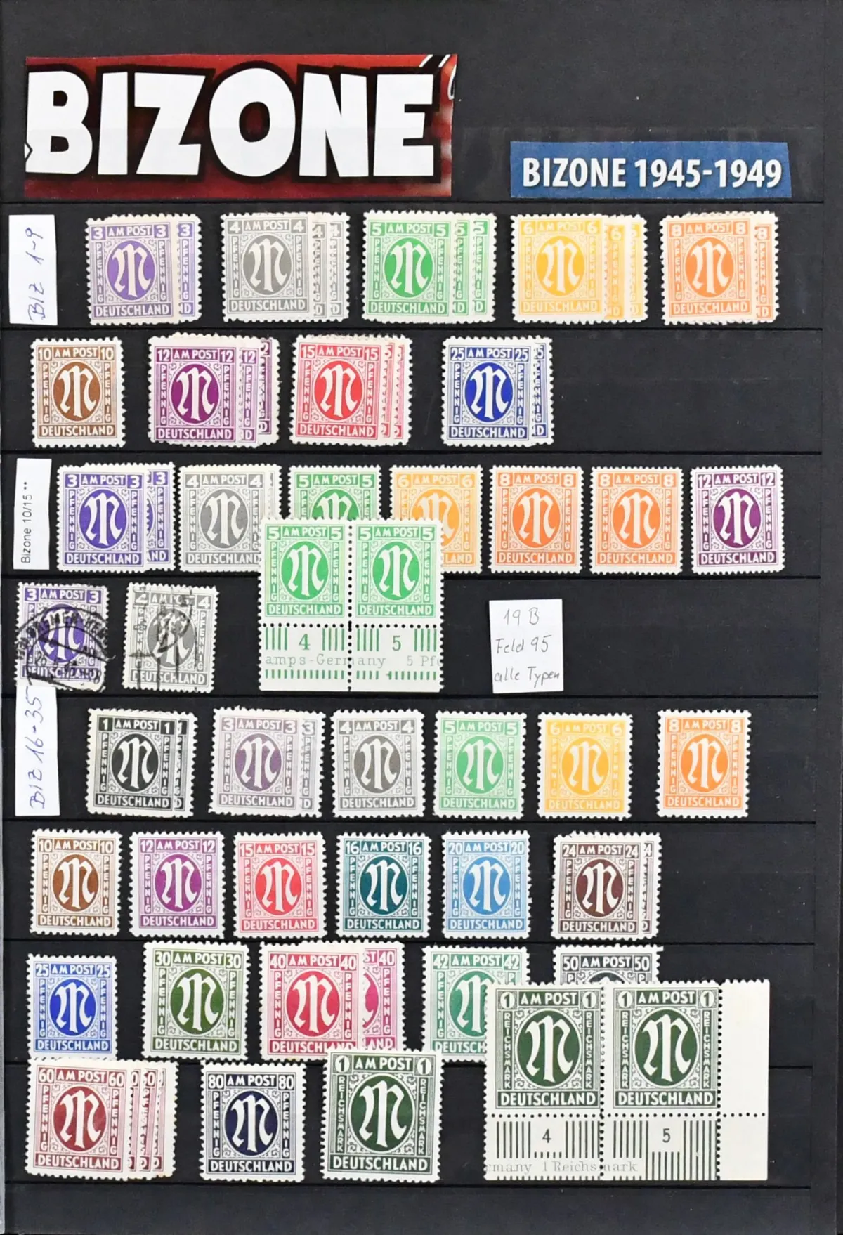 Bizone, 1945/49, coll. vanaf nr. 1/35, met nr. 36/51I/II, zonder nr. 49, postfris compleet, Gebouwen eg/wg, blok 1 postfris (Mi. 140,-) en nr. 101/10