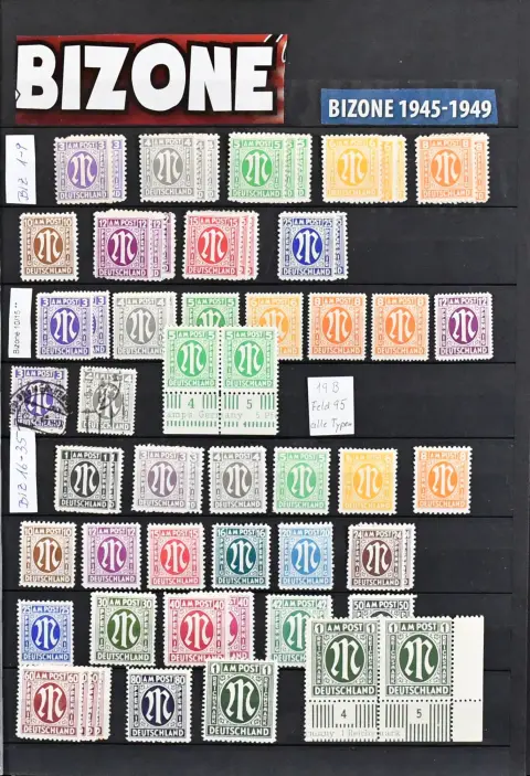 Bizone, 1945/49, Slg. ab Nr. 1/35, mit Nr. 36/51I/II, ohne Nr. 49, postfr. kpl., Bauten eg/wg, Bl. 1 postfr. (Mi. 140,-) und Nr. 101/10