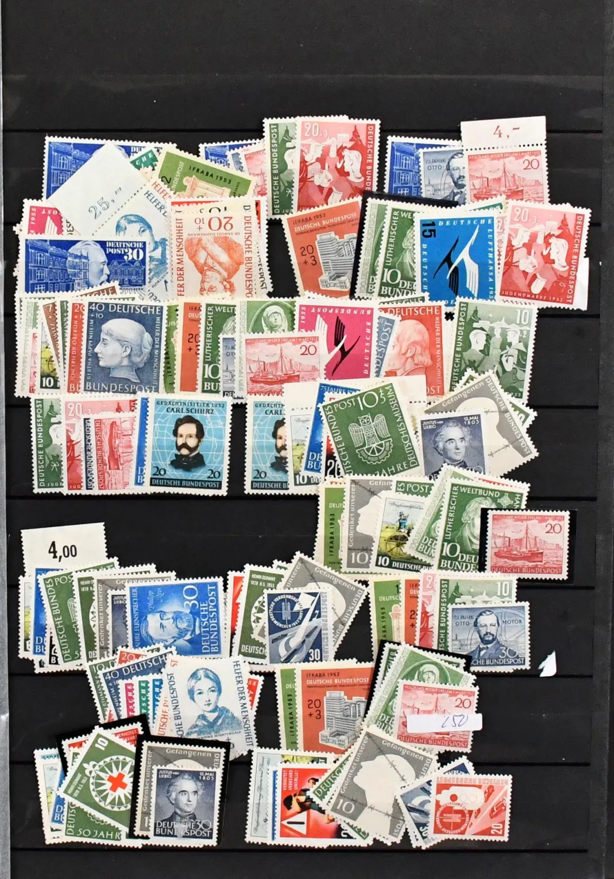 Germany FRG, 1949-56, somewhat unorthodox "treasure stock" of only the good first issues mint never hinged incl. no. 111-12(3), 113-15(2), 116(6), 117-20(3), 121-22(3),…