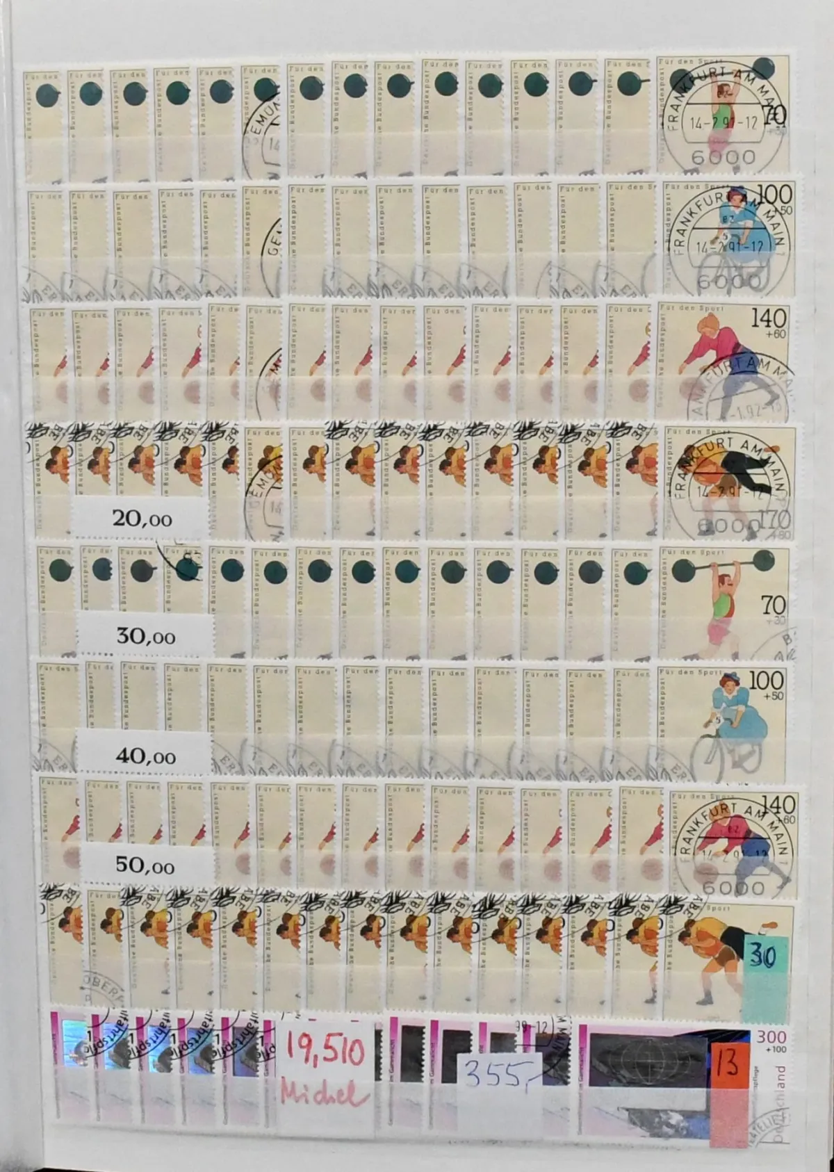 Germany, 1975/2000, extensive stock of only complete (!) surcharged sets, almost all cancelled with dispatch office stamps, incl. many youth and sport sets, in two thick, full E-albums. Mi. 32800,-, rarely offered in this scope!
