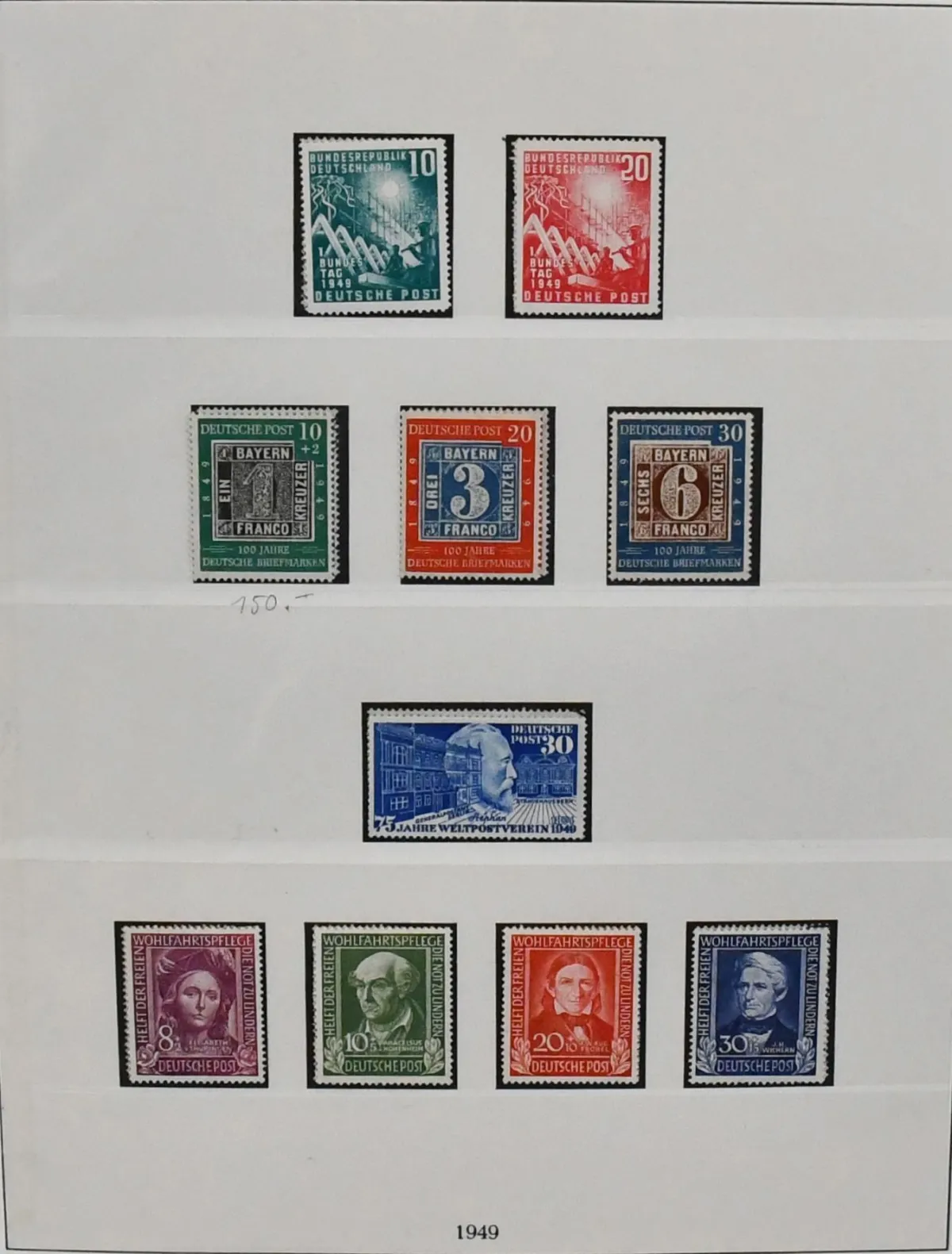 Germany, 1949-1968, mostly both conditions complete in Lindner-T pre-printed album, mint never hinged missing the 60 Pfg. Posthorn, used the no. 174-76 and Bl. 2, plus Heuss lumo with corner stamp, high catalogue value!