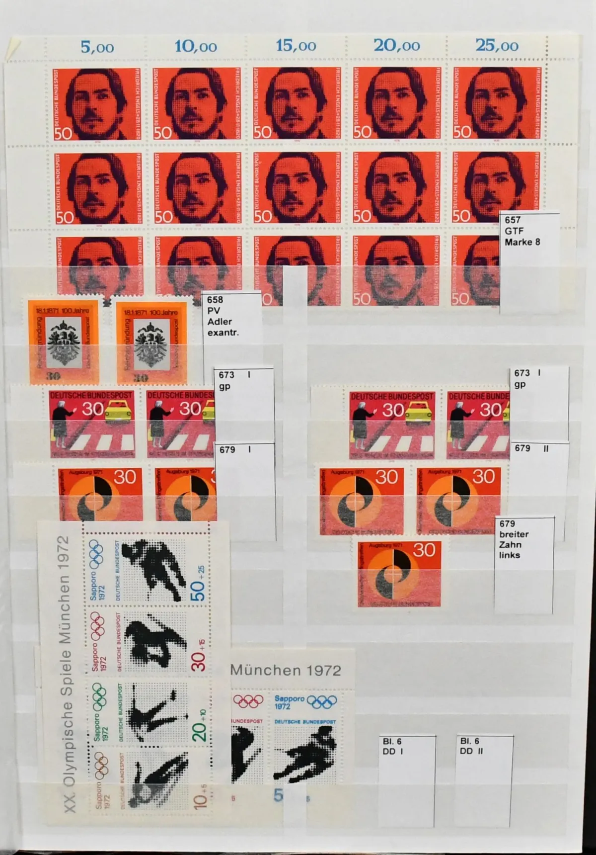 Germany, 1970-1982, mint never hinged special collection, only special features, including plate flaws such as no. 673I, 679I/II, Bl. 8 three times with the same plate flaw "color spot",...