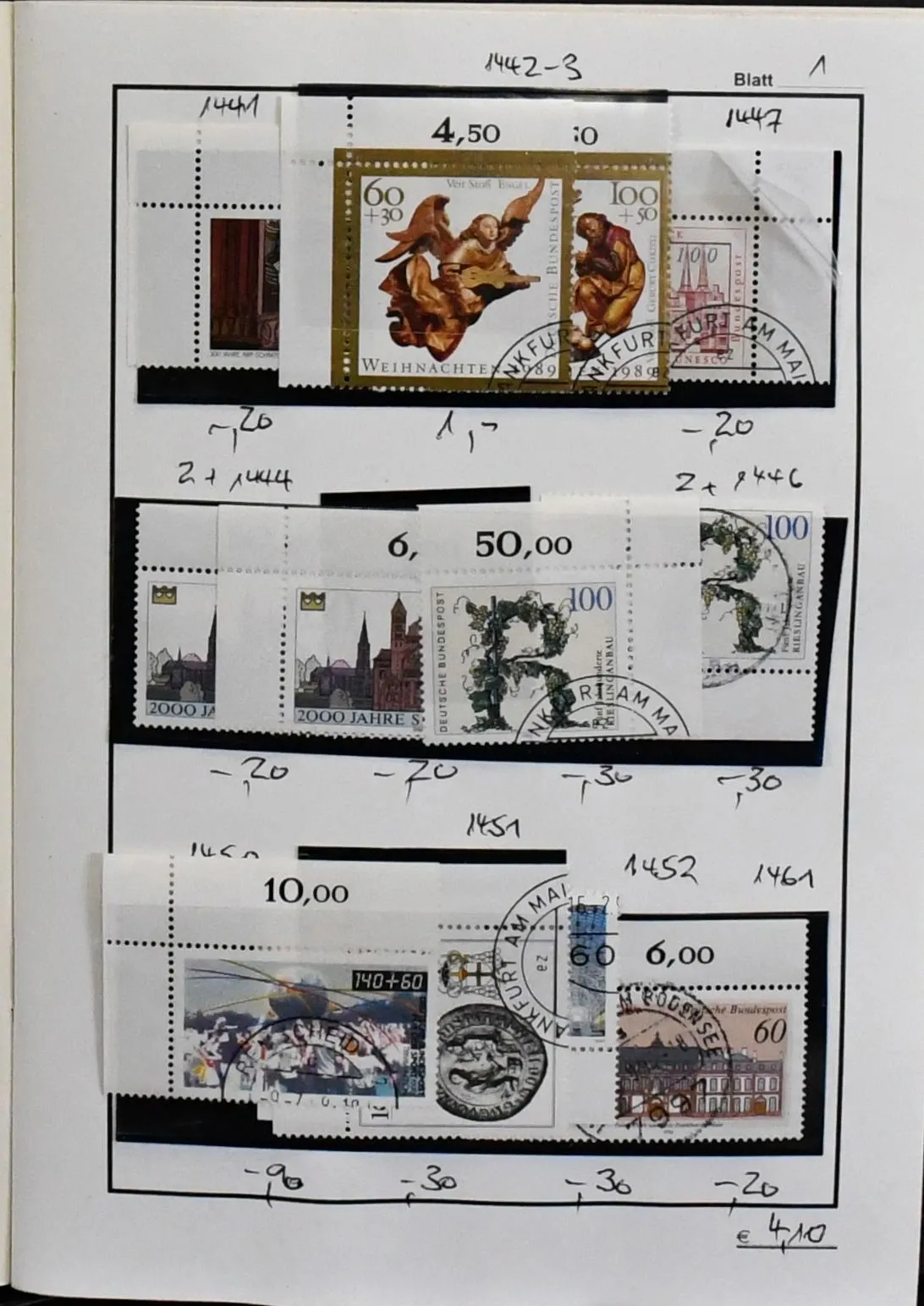 Bund, lot oblitéré d'environ 1100 coins de feuille, tous avec ESST des années 90 à l'ère de l'euro. Comprend des valeurs élevées de séries courantes,…