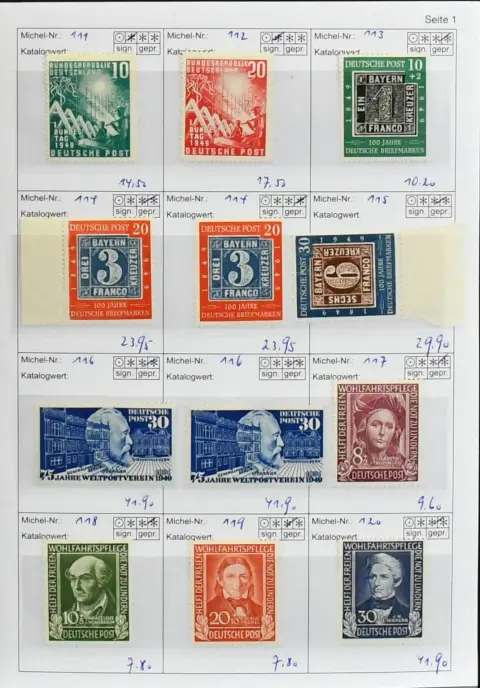 Niemcy, 1949-52, część kolekcji stan idealny bez podlepki/nieperforowany z pierwszych lat od nr 111-12, w tym stan idealny bez podlepki nr 113-20 (116 podwójnie), 123-33 kompletne, przeważnie stan idealny bez podlepki, 139-42 stan idealny bez podlepki, 143-46, 150-52(2), oraz 153-61