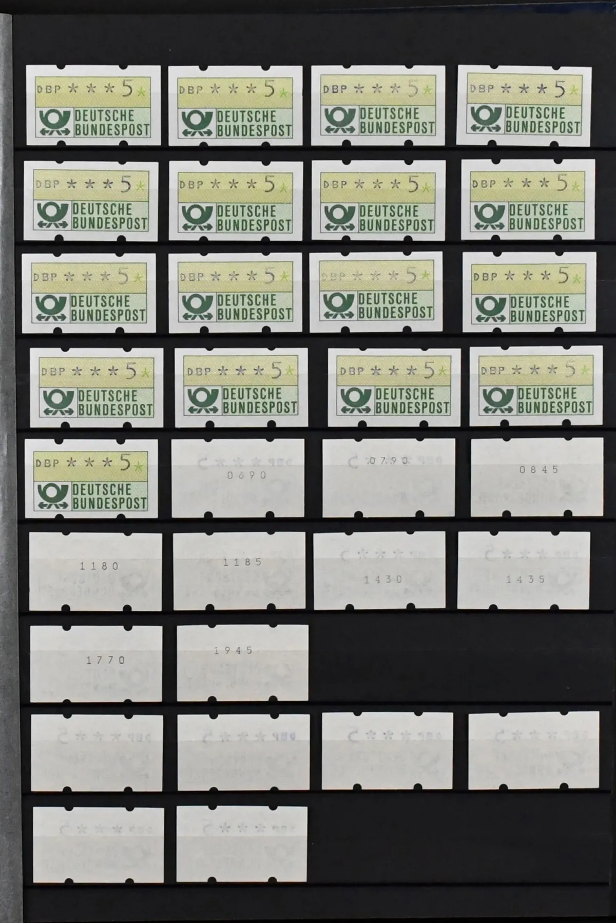 FRG, ATM stamp no. 1, lot of about 750 mint values, about half with counting number on reverse, with many different denominations ex 5/300 pf. Former post price was about 780,- DM
