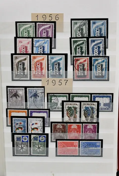 Europa-Union, CEPT, gest. Slg. der Gemeinschaftsausgaben 1956/1979, ohne Liechtenstein 1960 und Span.-Andorra 1972, quasi kpl., mit Luxemburg 1956/57 usw., im…