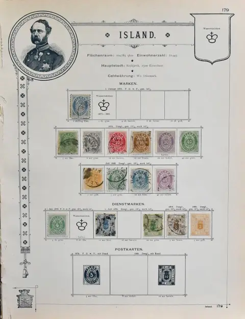 Skandinavien, überwiegend gest. Slg. in untersch. Erhaltung auf alten Goldschnitt-Vordruckseiten, dabei Island mit Nr. 1 (starke Mgl.), 7-11, 14-15, Schweden…