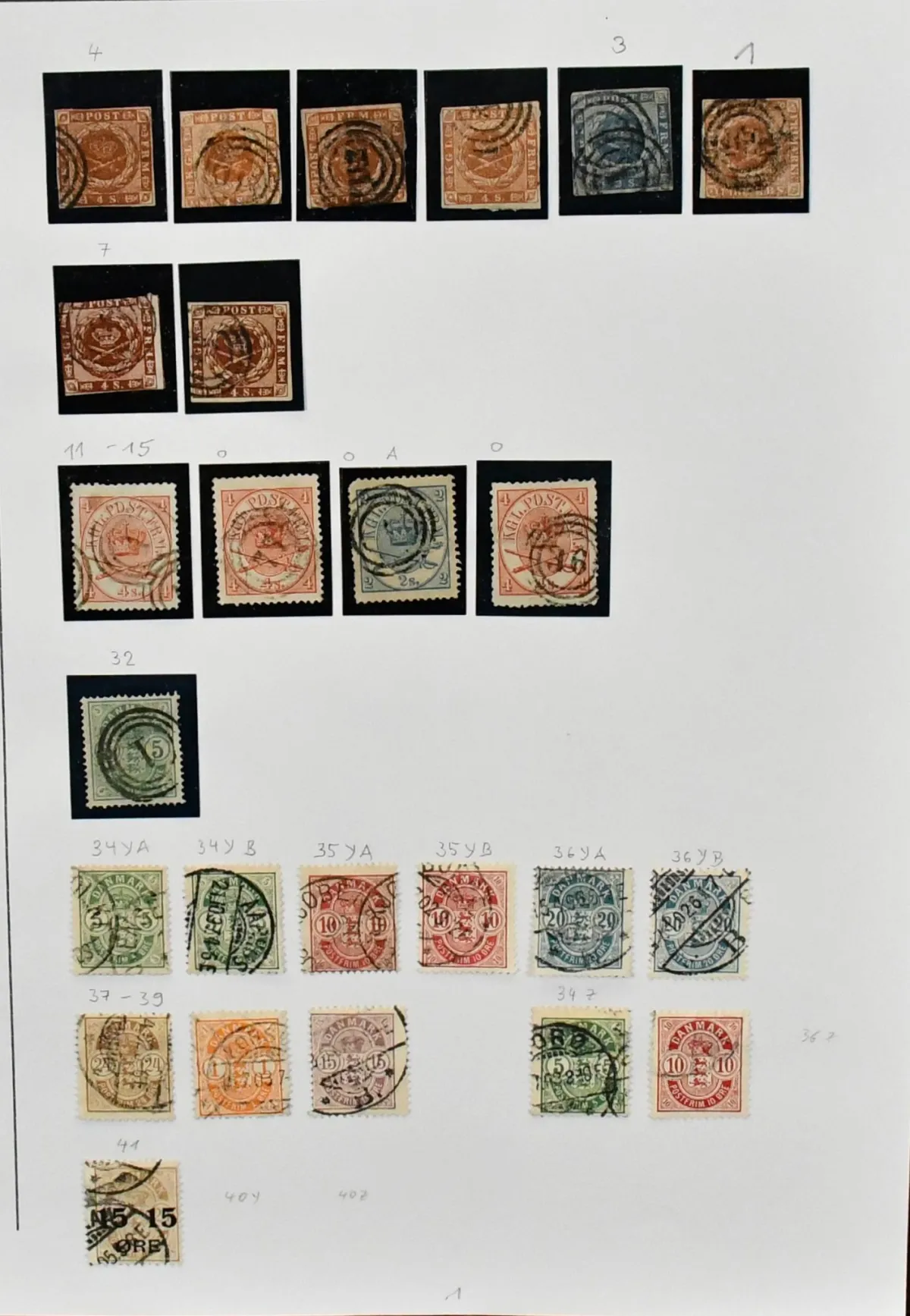 Dänemark, ab 1854, meist gest. Slg. auf selbstgest. Blättern, dabei frühe Werte wie z.B. Nr. 3, 4(5), 7(2), 11, 13(3), 16(2), 18(3), 19, 20, 24, 28(2), 30(7),…