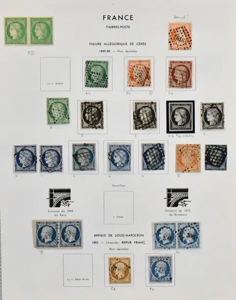 Франция, 1849/1872, ценная коллекция с множеством лучших марок только классического периода. Включая № 2a/b, дважды № 5, хороший № 7, № 8, две горизонтальные пары № 9, редкий № 17, редкий № 32, многие марки из № 36/44 и т.д., на старых французских формулярах. Всего более 200 марок с каталоговой стоимостью Michel 24500,- (!)