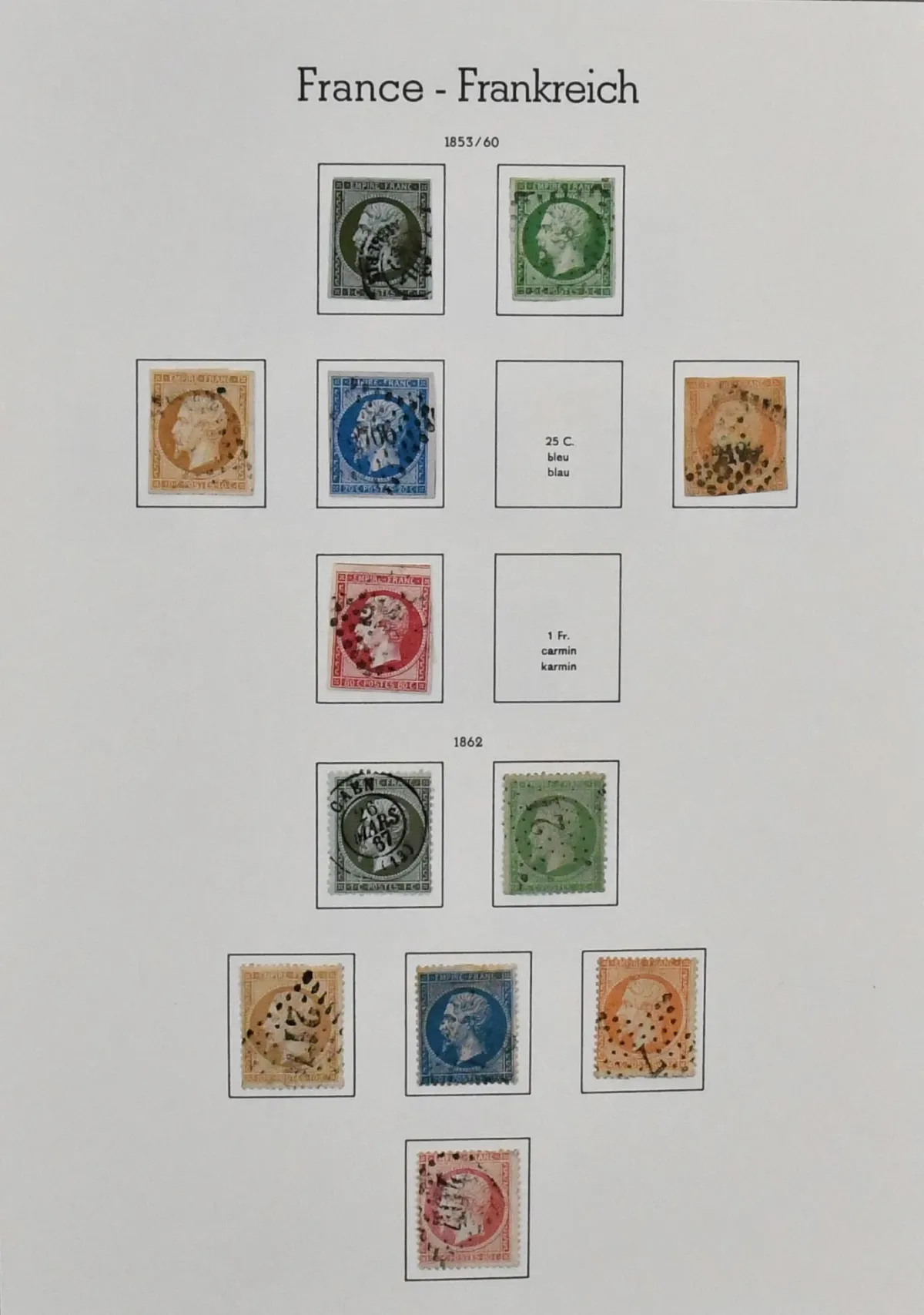 France, 1853-1944, mainly used collection with Napoleon, no. 10/13, 15/16, 18/23, 24/31, Allegory 1876/77 with 5 Fr., Debt Offices with no. 261, Airmail with 50 Fr. banknote, 326/27, Bl. 3, Famous French etc. High cat. value!
