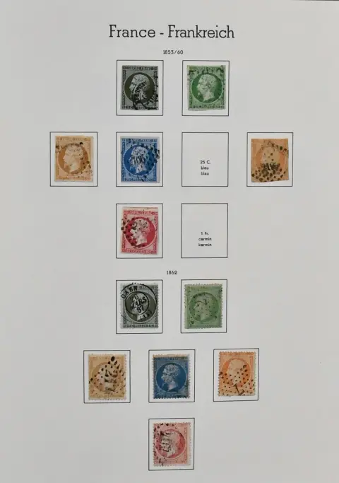 France, 1853-1944, mainly used collection with Napoleon, no. 10/13, 15/16, 18/23, 24/31, Allegory 1876/77 with 5 Fr., Debt Offices with no. 261, Airmail with 50 Fr. banknote, 326/27, Bl. 3, Famous French etc. High cat. value!