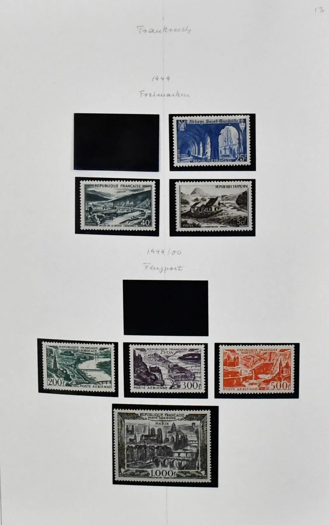 Frankrijk, 1945-1982, bijna complete postfrisse verzameling in zelfgemaakte dikke binder, aanvankelijk tot 1949 nog met kleine hiaten, vanaf 1950 (zonder luchtpost 1954) waarschijnlijk compleet, met Beroemde Fransen, Sport 1953, Rode Kruis, voorafstempelingen, kleurproef nr. 1157U, verder dienst, port en Raad van Europa. Mi. 2400,-