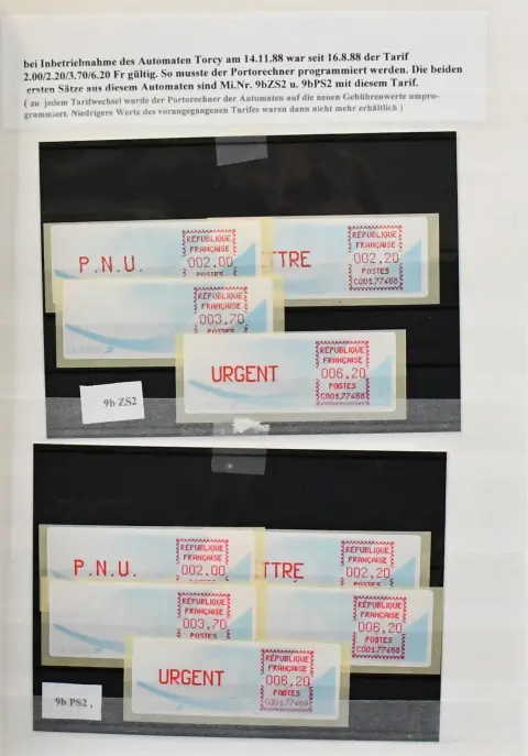 Франция, ATM-специализация, только аппарат Torcy, информативная коллекция во всех состояниях с 104 марками и девятью письмами, включая цветовые разновидности оттисков, изображения старой и новой печатающей головки, тестовые марки, в том числе дефекты красящей ленты, неправильное использование защитной бумаги в аппарате Torcy (здесь также отремонтированная печатающая головка) и т.д. Интересный, редко предлагаемый материал автоматических марок