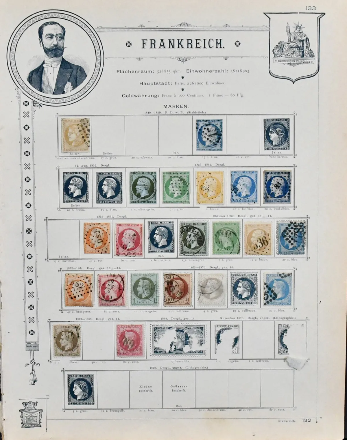 Frankrijk, 1849-1892, gestempelde verzameling in verschillende condities op oude goud op snee voorbedrukte bladen, waaronder nr. 4, 10-11, 16, 18-23, 24-26, 40, 45-47, 76 enz., plus...