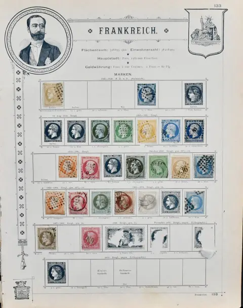 Франция, 1849-1892, коллекция гашёных в разном состоянии на старых предпечатных листах с золотым обрезом, среди них № 4, 10-11, 16, 18-23, 24-26, 40, 45-47, 76 и др., к тому же…