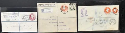 Groot-Brittannië, 1897/1911, samenstelling van drie Britse particuliere postwaardestukken, alle per aangetekende zending naar Duitsland, elk met twee verschillende waardestempels