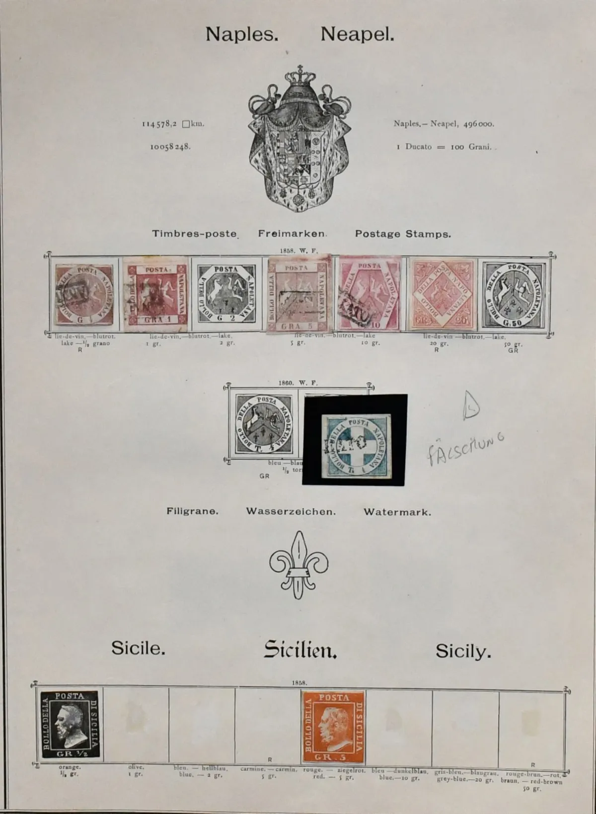 Włochy, 1852-1896, głównie kasowana kolekcja w często dobrym stanie na starych kartach albumowych. W tym m.in. dawne państwa włoskie z Państwem Kościelnym, Parmą, Neapolem itd. Tu wiele fałszerstw, ale także dobry autentyczny materiał, jak Modena nr 1I-2I, 3II, 5I i 6I (czyste niekasowane), ponadto Włochy m.in. nr 3, 5, 13 (niekasowane), 14, 22, 29-36, 41 niekasowane, 49 (niekasowane), 50-54, 58, 59 itd., także znaczki paczkowe nr 1-6, urzędowe nr 7-8, znaczek rozliczeniowy