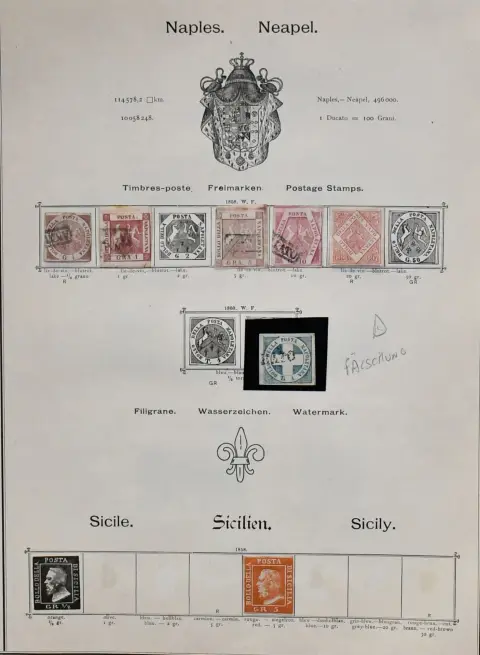 Italië, 1852-1896, grotendeels gestempelde verzameling in vaak goede staat op oude albumbladen. Waaronder o.a. oude Italiaanse staten met Kerkelijke Staat, Parma, Napels enz. Hier veel vervalsingen, maar ook goed echt materiaal zoals Modena nr. 1I-2I, 3II, 5I en 6I (schoon ongebruikt), verder Italië met o.a. nr. 3, 5, 13 (ongebruikt), 14, 22, 29-36, 41 ongestempeld, 49 (ongebruikt), 50-54, 58, 59 enz., ook pakketzegels nr. 1-6, dienst nr. 7-8, verrekeningszegel