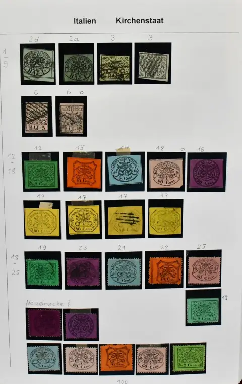 Italië, 1852-1980, verzameling op zelfgemaakte bladen in ringband, waaronder Oud-Italië met Kerkelijke Staat, Sardinië, Napels en Sicilië, originelen en herdrukken, Italië vanaf nr. 1, nr. 10 op stuk, 16-22, 29-36, 42, 57(2), 59, 61-66 ongebruikt, 100-103, 127, 128, 157-59, 399-400, 523-27, 740-45, 773, 774-76, 796-97, 834-36 postfris, 836 gestempeld, enz. Verder enkele naburige gebieden en diverse stukken, San Marino vanaf de eerste waarden, enz.
