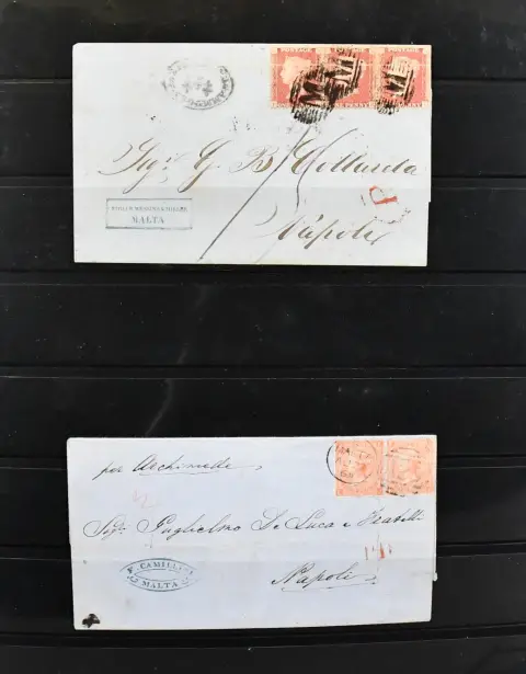 Malta, ca. 1860-1930 (in appendix still beautiful part international reply coupons, these also later), charming letter collection, starting with rare precursor letters with Great Britain frankings, including among others V10 (strip of three), V14, V17 (pair), V19 (pair), V25, V47, V55 and 58, V59, early stamped letters, including no. 4, 6 and 7 on registered postal stationery 2 P., further Victoria frankings, up to interesting allegory letters around 1920, rarely offered